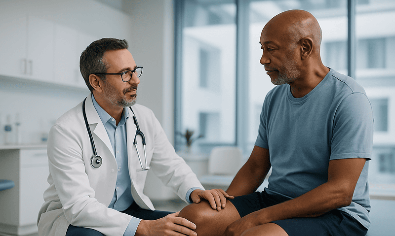 Doctor examining patient's knee in a medical consultation room.