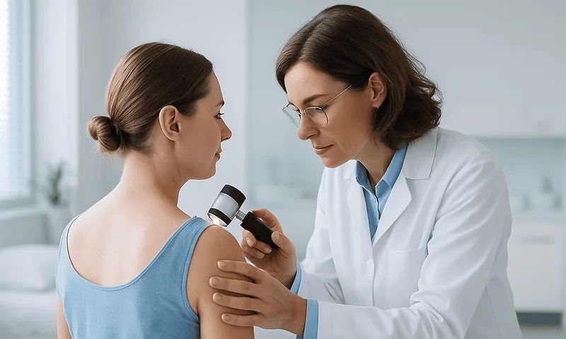 Doctor administering TB skin test to a patient in a clinical setting.