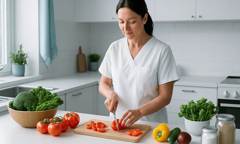 Woman preparing fresh vegetables in a modern kitchen for a healthy diet.
