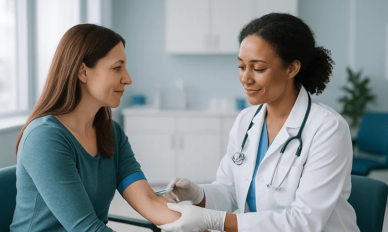 Doctor examining a patient's arm in a medical consultation room.