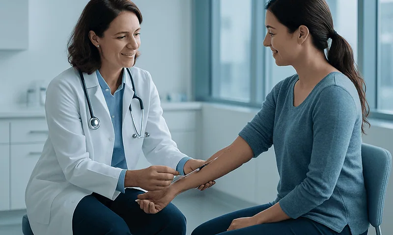Doctor examining patient's wrist in a medical consultation.