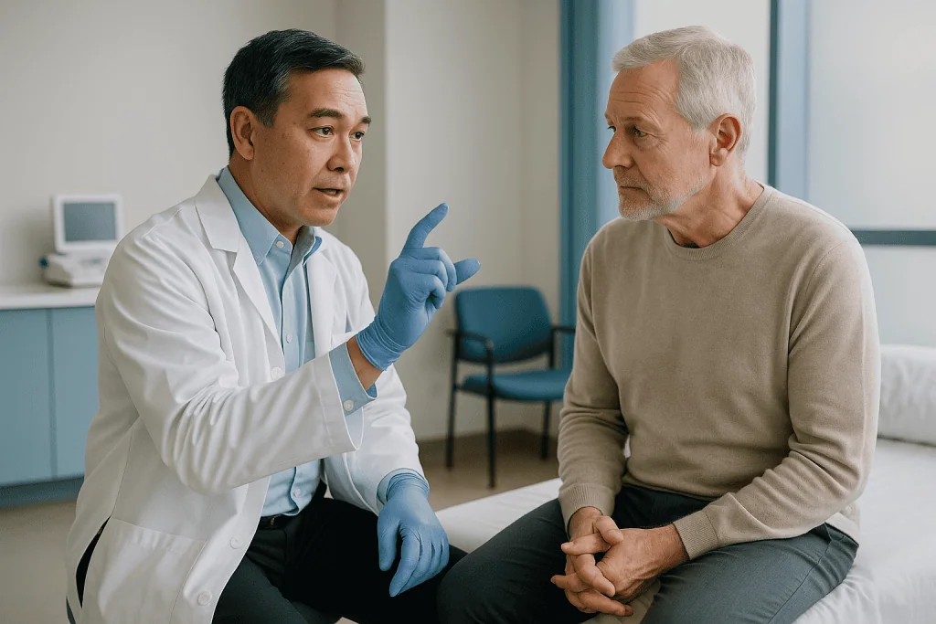 Doctor consulting senior male patient in clinical setting: The prostate exam for prostatitis: what it involves and what the 