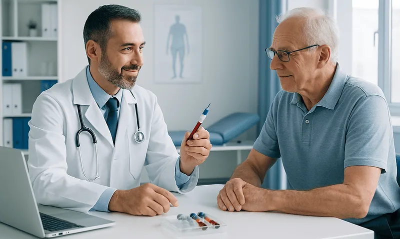 Doctor discussing test results with elderly patient in clinic.