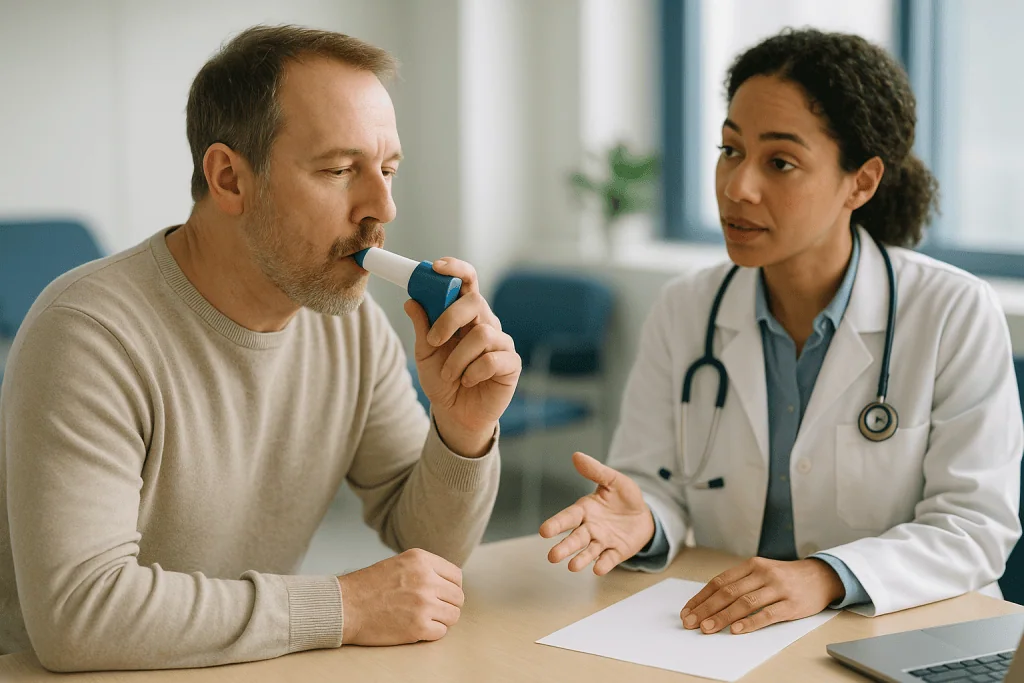 Adult patient using inhaler during medical consultation: The reversibility step: why you are asked to blow twice