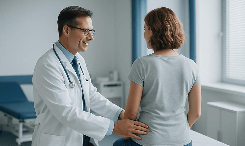 Doctor consulting with a patient in a medical examination room.