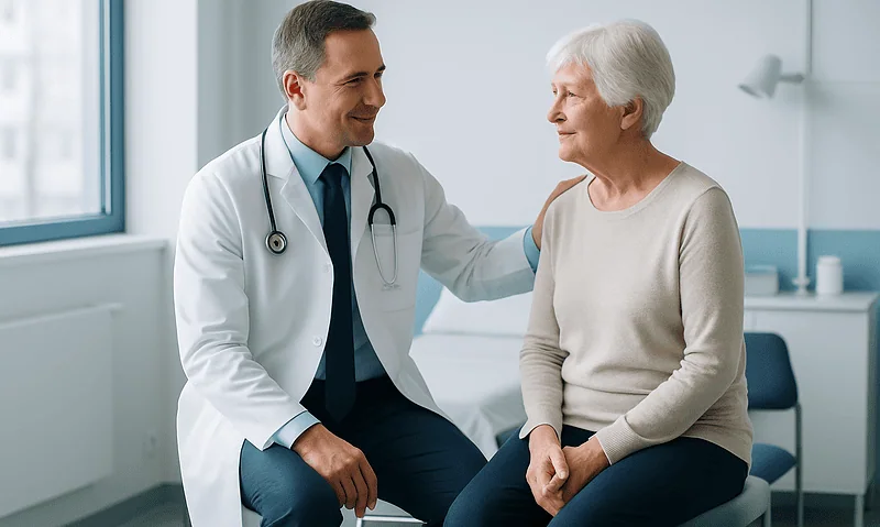 Doctor consulting with elderly woman in a medical office.