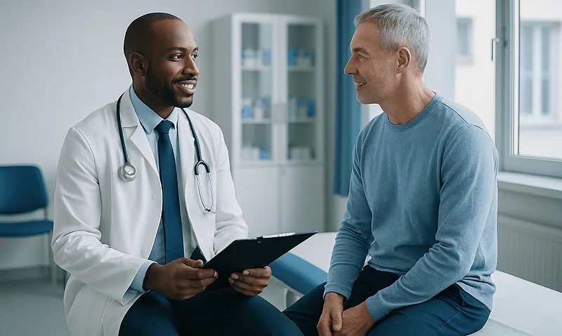 Doctor consulting with patient in a medical office setting.