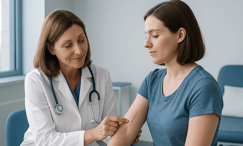 Doctor examining a patient's arm in a medical consultation room.