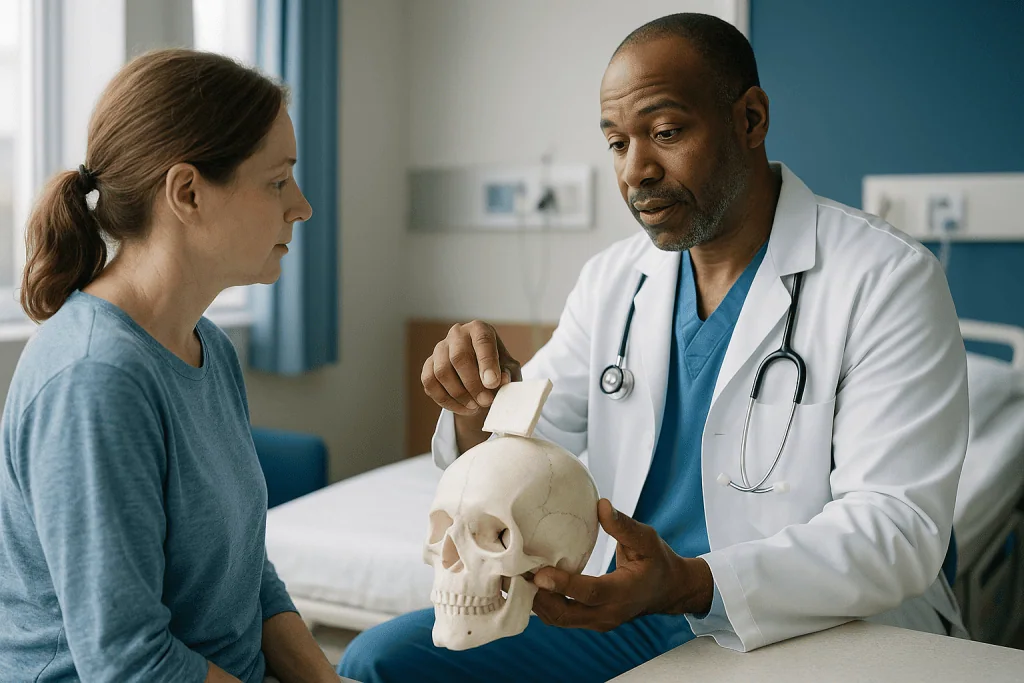Doctor explaining anatomy model to female patient: The skin incision and lifting the bone flap