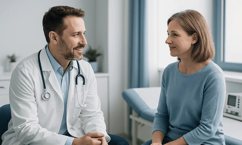 Doctor consulting with a female patient in a medical office.