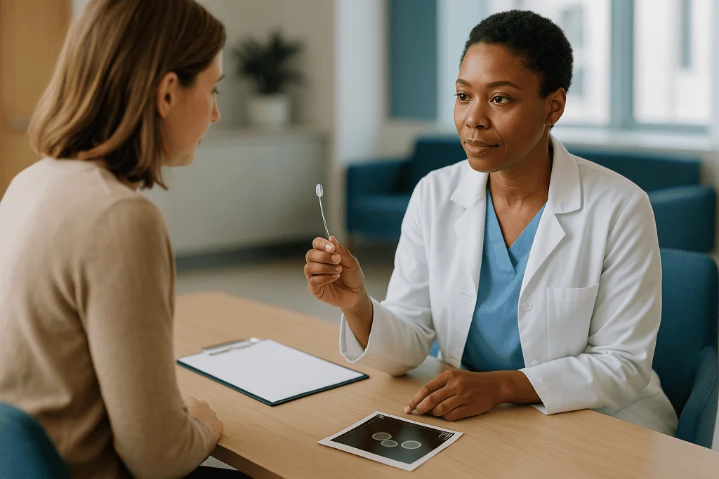 Doctor consulting with patient at desk: The stages of IVF treatment at a glance