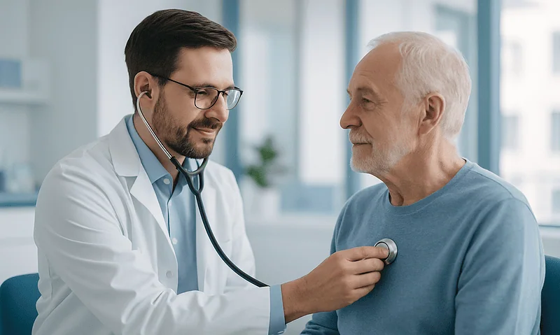 Doctor examining an elderly male patient with a stethoscope in a hospital.