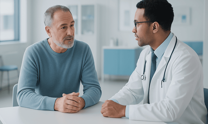 Doctor consulting with middle-aged male patient in a modern clinic setting.