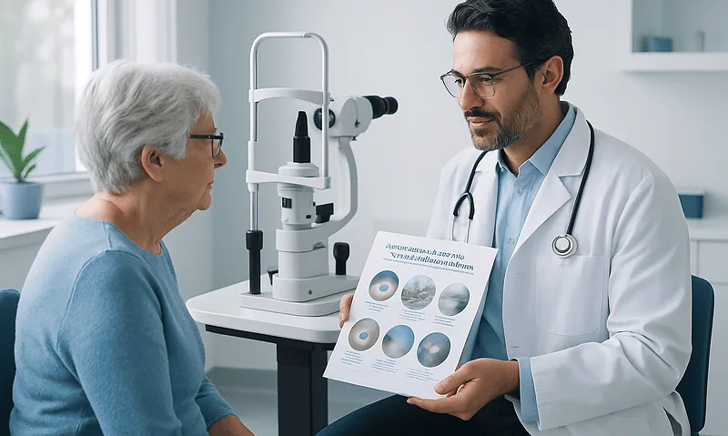Ophthalmologist explaining cataract types to elderly patient in clinic.
