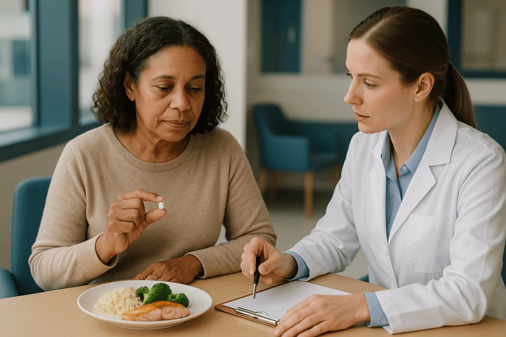 Doctor consulting patient about diet and nutrition: The three-way balancing act: calcium, phosphate and parathyroid hormone
