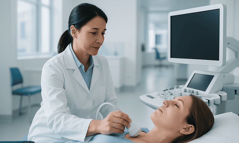 Doctor performing thyroid biopsy on patient in hospital setting.