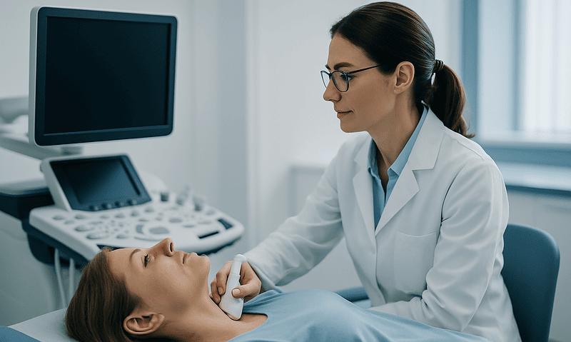 Doctor performing thyroid ultrasound on patient in clinic setting.
