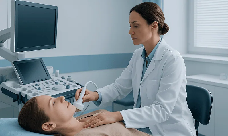 Doctor performing thyroid ultrasound on patient in clinic.