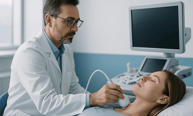 Doctor performing thyroid ultrasound on patient in hospital setting.