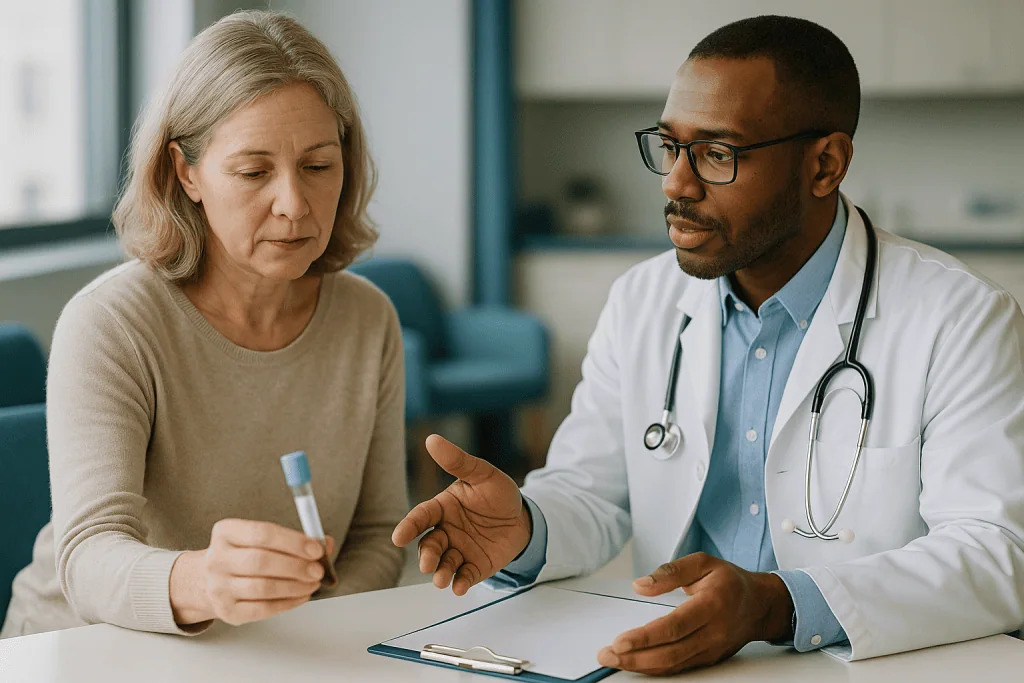 Doctor consulting with middle-aged female patient at desk: The two most common lab findings: high calcium with an unsuppress