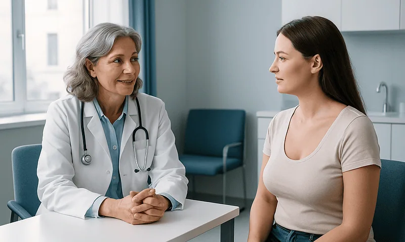 Doctor consulting with a young woman in a medical office.