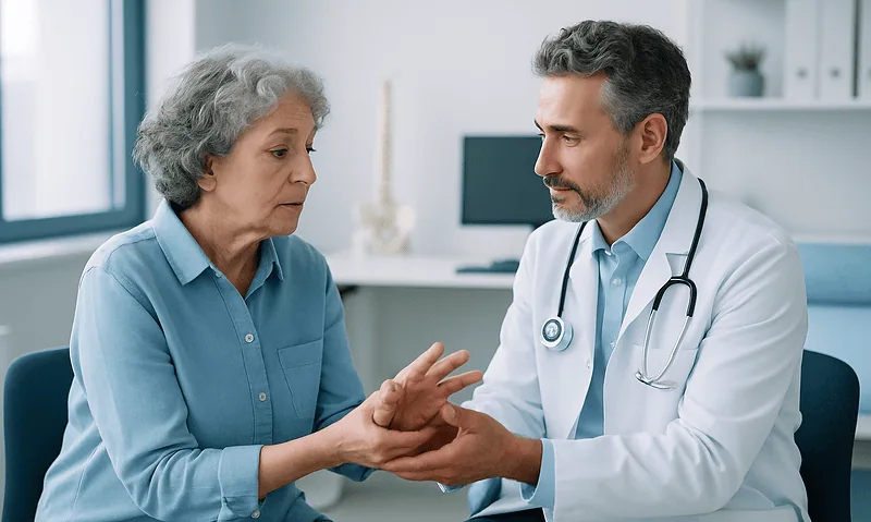 Doctor examining elderly woman's hand for arthritis symptoms.