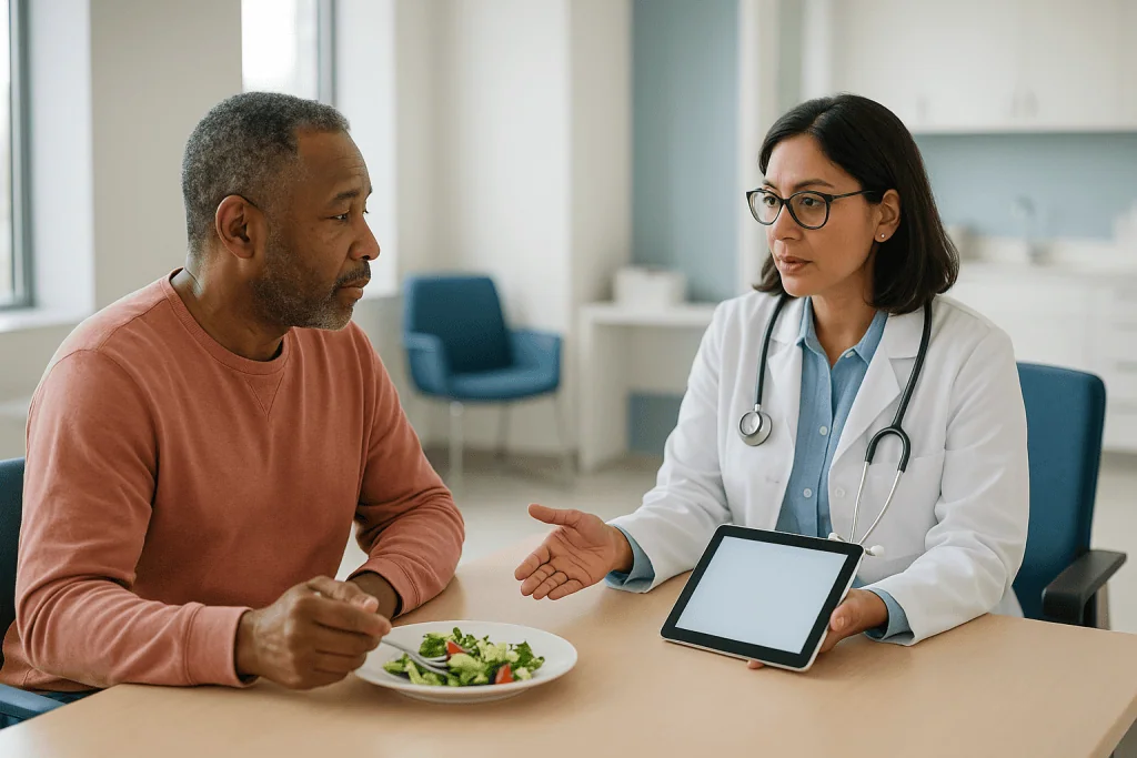 Doctor consulting patient with tablet, salad visible — The usual timeline: when side effects start and when they fade