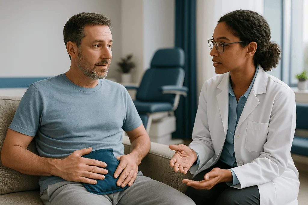 Doctor consulting male patient about abdominal pain — The vasectomy recovery timeline at a glance