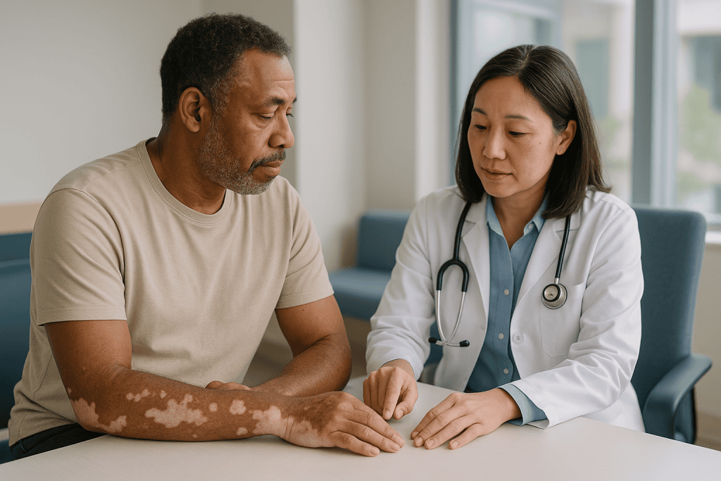 Doctor examining patient's arm with vitiligo skin condition: The vitiligo repigmentation timeline: what a realistic year loo