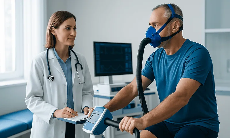 Patient undergoing VO2 Max test with medical professional in clinic.
