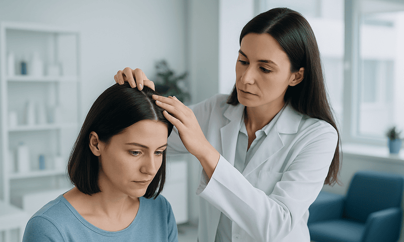 Doctor examining a woman's scalp in a medical clinic setting.