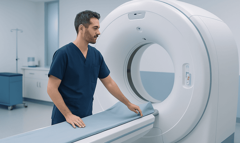 The Well Man Check: The Screening Every Man Postpones, Unpacked 5 Medical technician prepares MRI scan in a modern hospital setting.