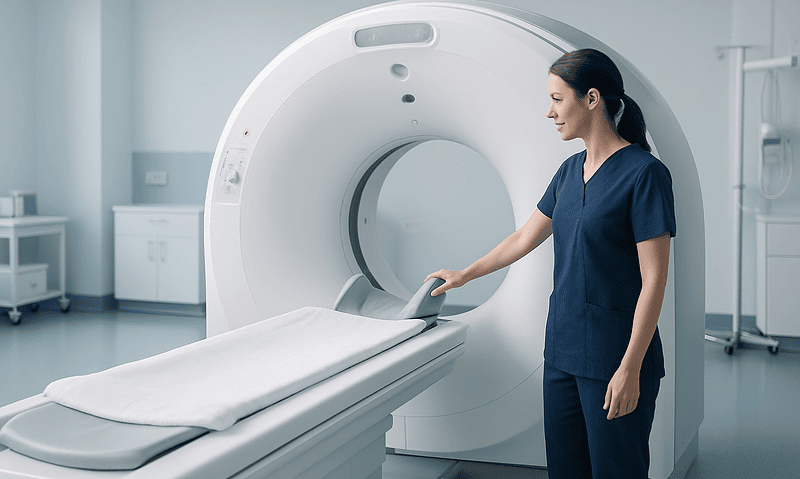 Medical professional prepares MRI scanner in hospital setting.