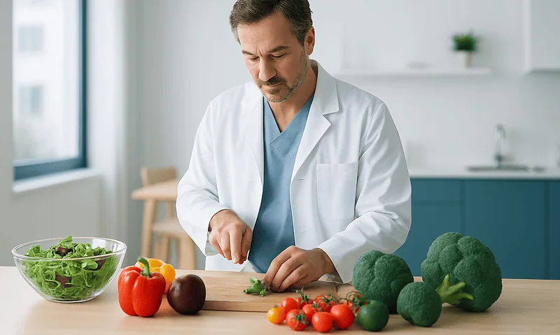 Doctor preparing vegetables in a modern kitchen for dietary advice.