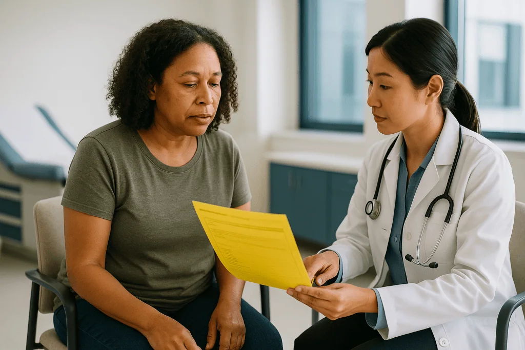 Doctor reviewing medical document with adult patient: The yellow zone: the page that catches a flare early