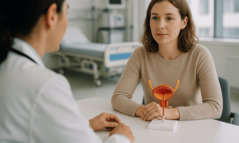 Patient consulting with doctor about urinary health in hospital setting.