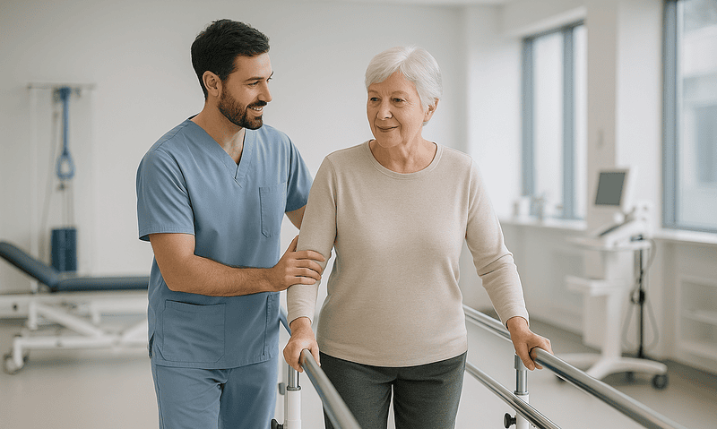 Physical therapist assisting elderly woman with walking exercises in clinic.