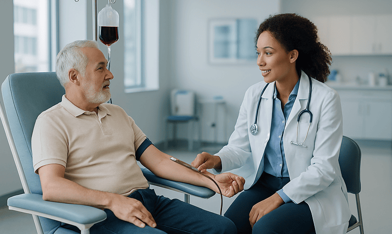 Doctor performs therapeutic phlebotomy on patient in hospital setting.