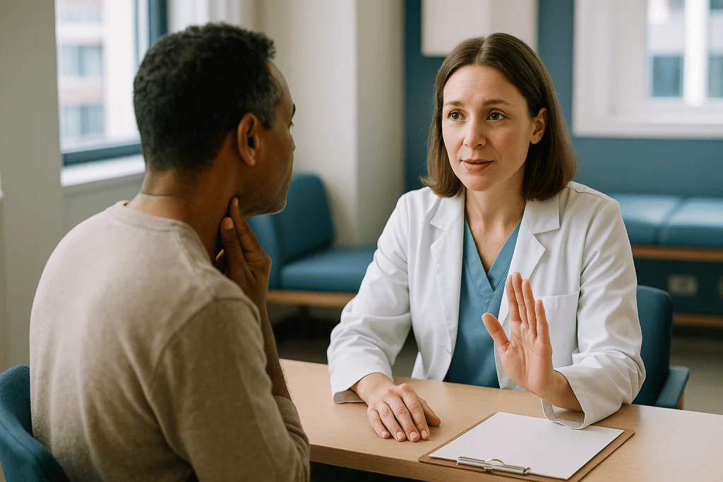 Doctor consulting with patient in clinical office setting: Therapy doubles as the most honest diagnostic test you will get