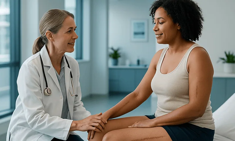 Doctor examining a patient's thigh scar in a medical consultation room.