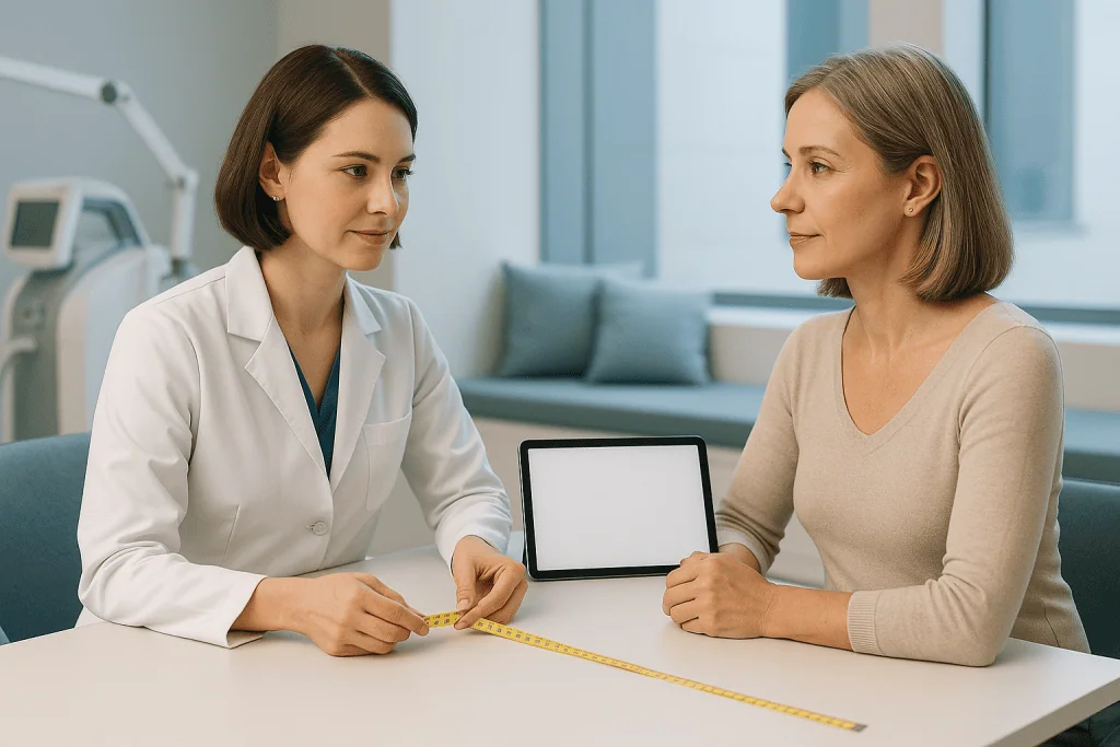 Doctor consulting with patient about thigh lift procedure at Acibadem Hospital.
