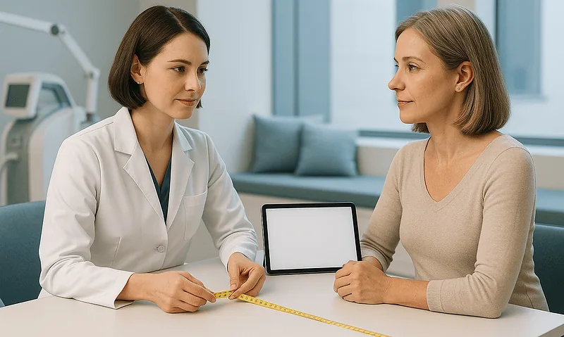 Doctor consulting with patient about thigh lift procedure at Acibadem Hospital.