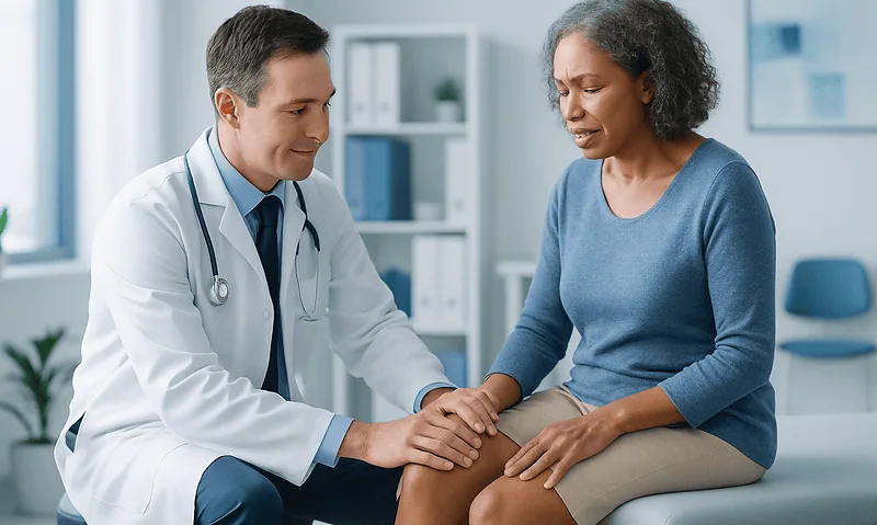 Doctor examining woman's knee in a medical consultation room.