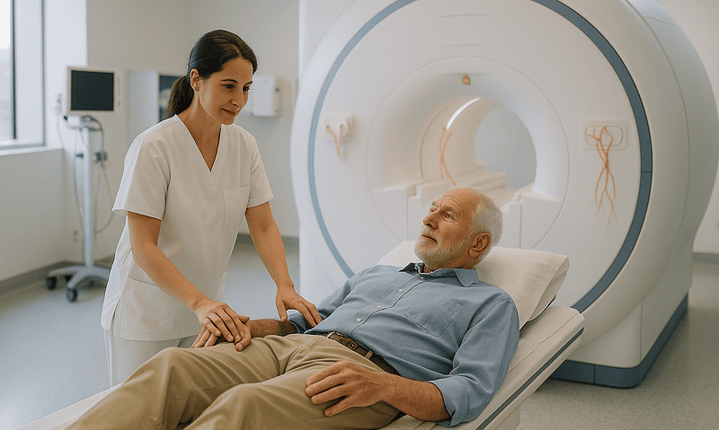 Medical professional comforting a patient before an MRI scan at Acibadem Hospitals.