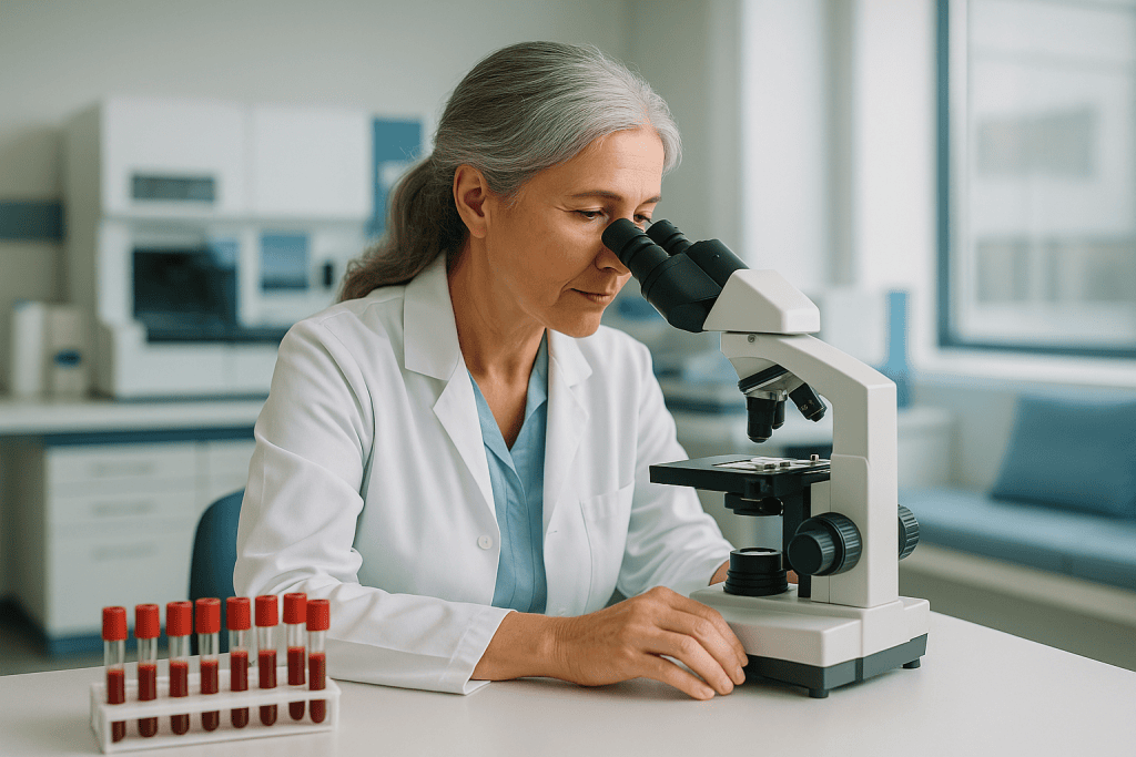 Thrombocytopenia 1 Senior female scientist examining samples with a microscope in a laboratory.