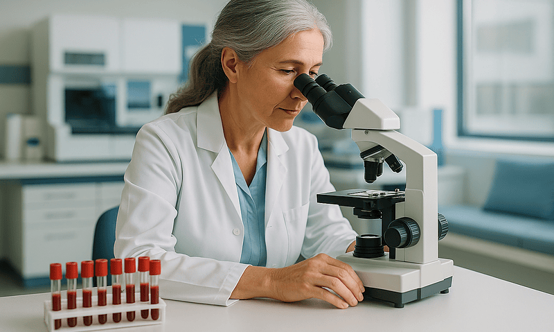 Senior female scientist examining samples with a microscope in a laboratory.