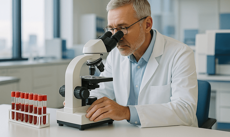 Researcher examining blood samples with a microscope at Acibadem Hospitals Group.