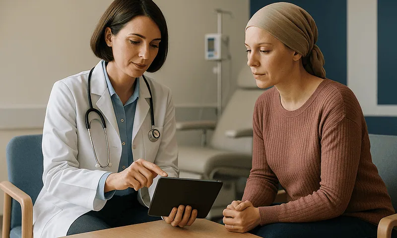 Doctor consulting with a patient in a hospital room.