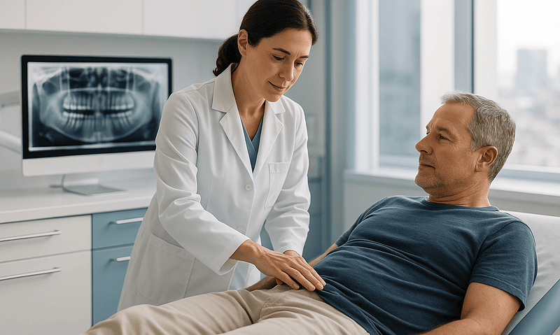 Doctor examining a patient with an X-ray image in the background.