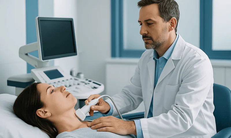 Doctor performing thyroid ultrasound on a patient in a clinical setting.